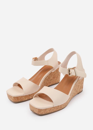 Where's That From Cream PU Giselle Wide-Fit Wedge Sandals With Buckle-Ankle-Strap