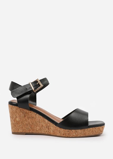 Where's That From Black PU Giselle Wedge Sandals With Buckle-Ankle-Strap