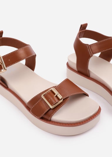 Where's That From Tan PU Isabel Double-Buckle-Strap Platform Sandals