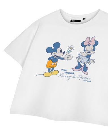 Disney True Original Mickey & Minnie White Cropped Short Sleeved T-Shirt