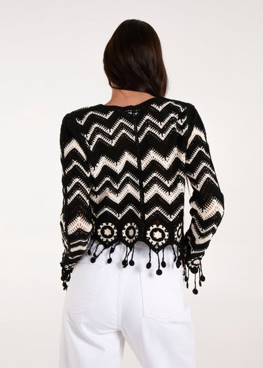 Blue Vanilla Black Crochet Zig Zag Tassel Detailed Button Front Cardigan