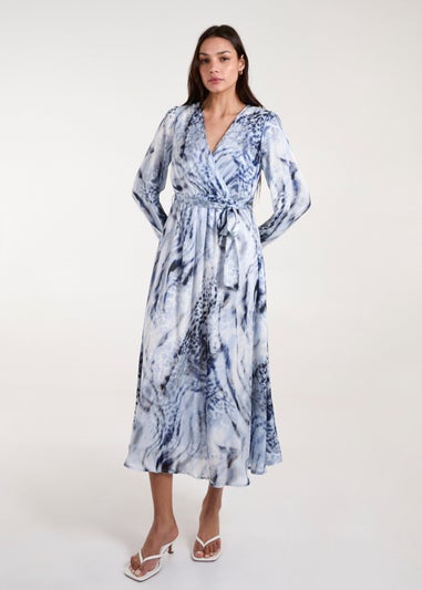 Blue Vanilla Blue Watercolour Wrap Front Belted Midi Dress