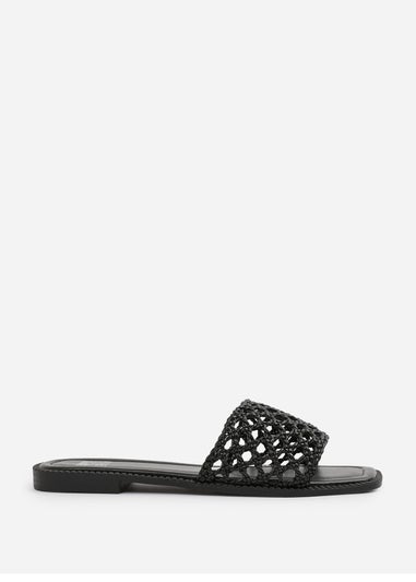 Where's That From Black PU Chelsea Woven Strap Flat Sandals