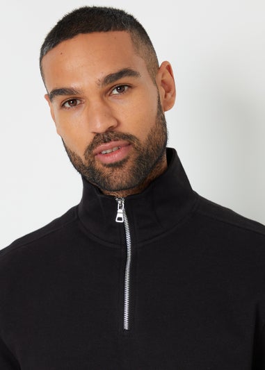 Threadbare Black Pique Quarter Zip Funnel Neck Sweatshirt