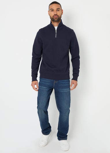 Threadbare Navy Pique Quarter Zip Funnel Neck Sweatshirt