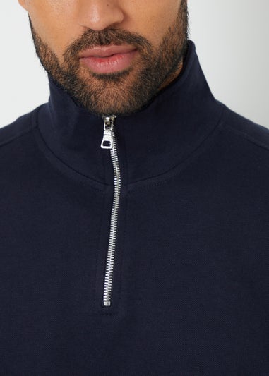 Threadbare Navy Pique Quarter Zip Funnel Neck Sweatshirt