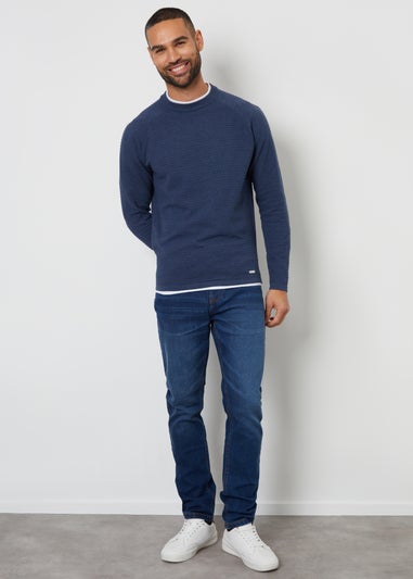 Threadbare Blue Textured Mock T-Shirt Crew Neck Jumper