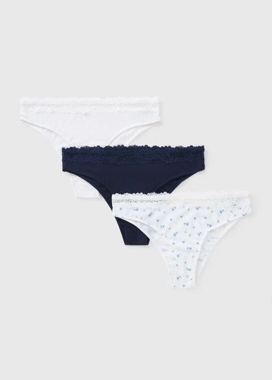 3 Pack Blue Floral Lace Trim Brazilian Knickers