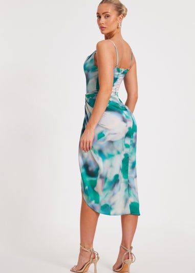 Quiz Green Satin Marble Print Midaxi Dress