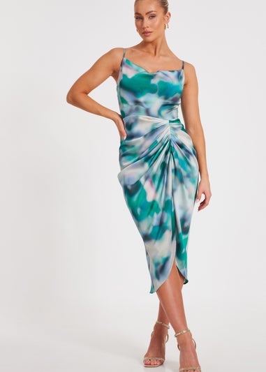 Quiz Green Satin Marble Print Midaxi Dress