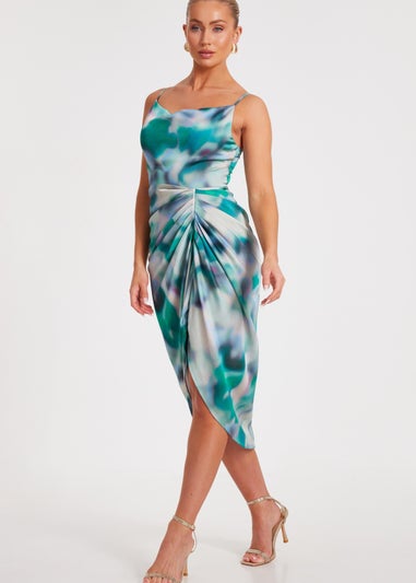 Quiz Green Satin Marble Print Midaxi Dress