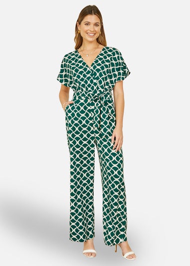 Yumi Green Geometric Print Wrap Jumpsuit