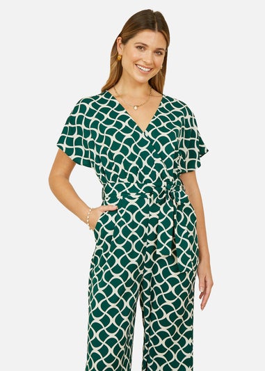 Yumi Green Geometric Print Wrap Jumpsuit