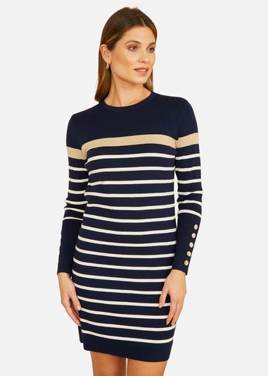 Yumi Navy Striped Knitted Dress With Button Cuff Detail