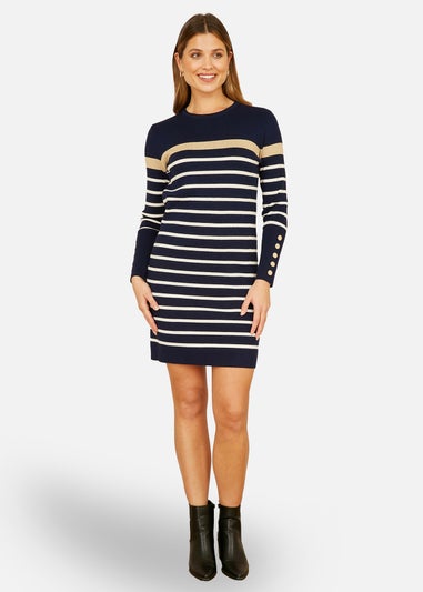 Yumi Navy Striped Knitted Dress With Button Cuff Detail