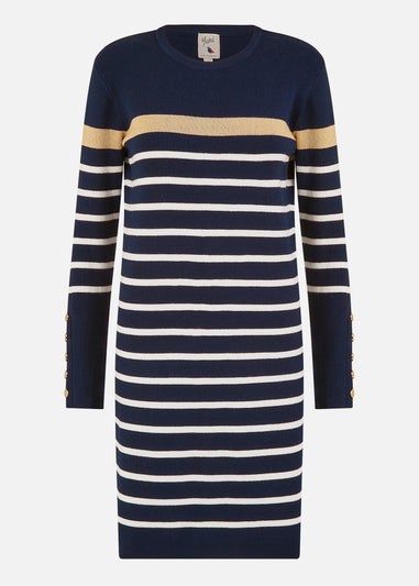 Yumi Navy Striped Knitted Dress With Button Cuff Detail