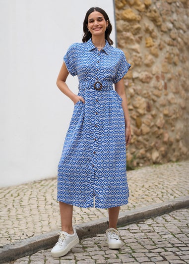 Yumi Blue Viscose Midi Shirt Dress With Matching Belt