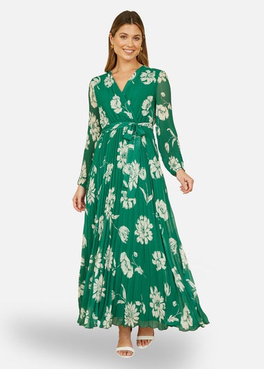 Yumi Green Floral Pleated Midi Wrap Long Sleeve Dress