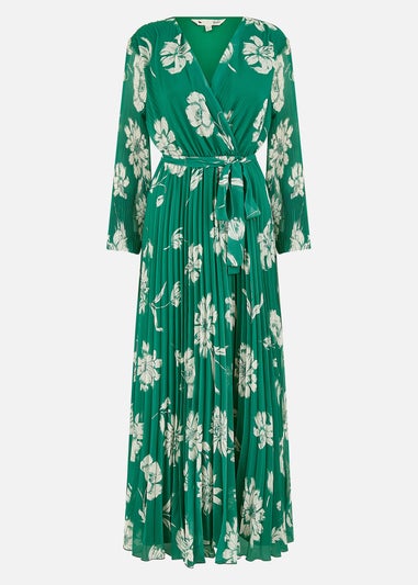 Yumi Green Floral Pleated Midi Wrap Long Sleeve Dress