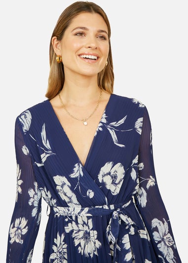 Yumi Navy Floral Pleated Midi Wrap Long Sleeve Dress