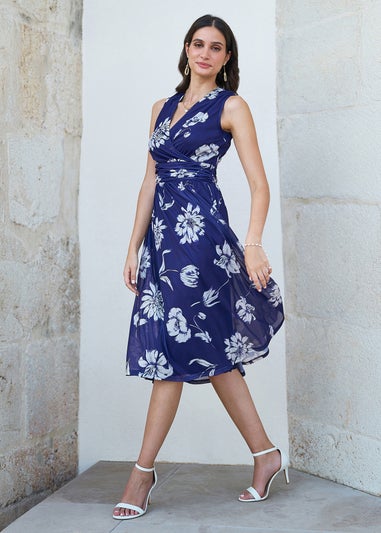 Yumi Navy Floral Print Stretch Mesh Dress With Pockets