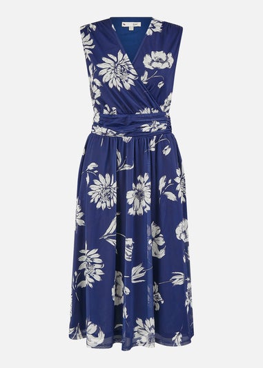 Yumi Navy Floral Print Stretch Mesh Dress With Pockets