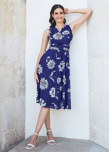 Yumi Navy Floral Print Stretch Mesh Dress With Pockets