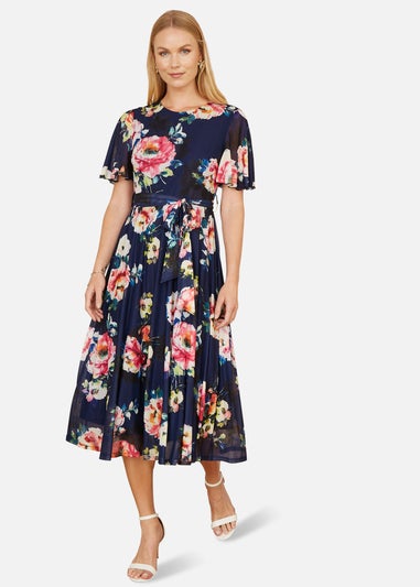 Yumi Navy Mesh Floral Print Midi Dress With Angel Sleeves