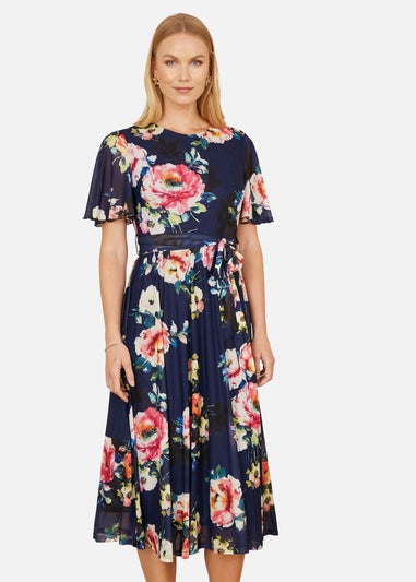 Yumi Navy Mesh Floral Print Midi Dress With Angel Sleeves