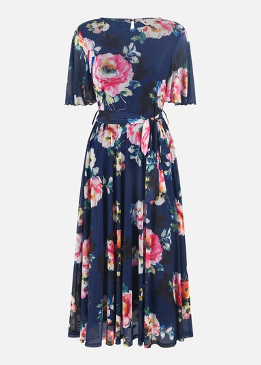 Yumi Navy Mesh Floral Print Midi Dress With Angel Sleeves