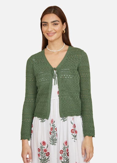 Yumi Green Crochet Tie Front Cardigan