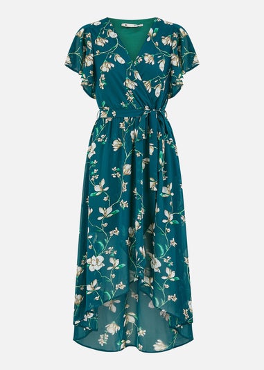 Yumi Green Floral Wrap Midi Dress With Frill Hem