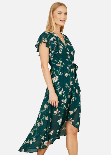 Yumi Green Floral Wrap Midi Dress With Frill Hem