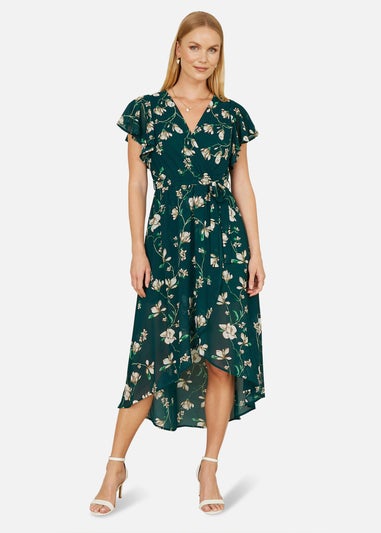 Yumi Green Floral Wrap Midi Dress With Frill Hem