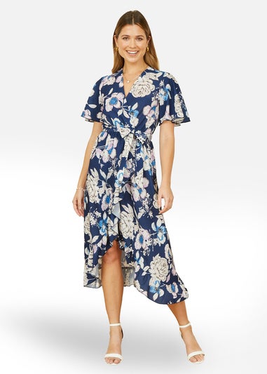 Yumi Navy Floral Midi Wrap Dress