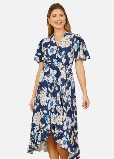 Yumi Navy Floral Midi Wrap Dress