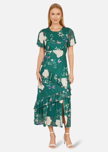 Yumi Green Mesh Bird & Floral Print Midi Dress With Ruffles