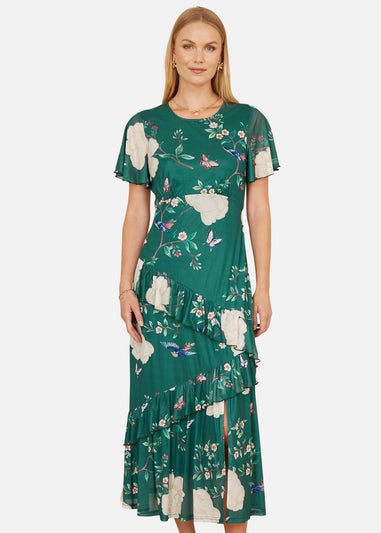 Yumi Green Mesh Bird & Floral Print Midi Dress With Ruffles