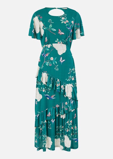 Yumi Green Mesh Bird & Floral Print Midi Dress With Ruffles