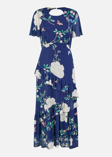 Yumi Navy Mesh Bird & Floral Print Midi Dress With Ruffles