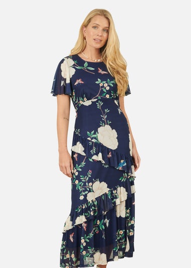 Yumi Navy Mesh Bird & Floral Print Midi Dress With Ruffles