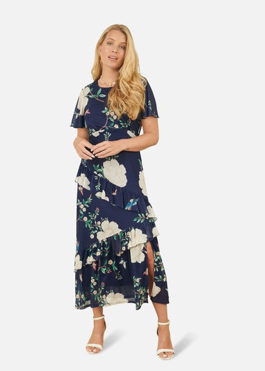 Yumi Navy Mesh Bird & Floral Print Midi Dress With Ruffles