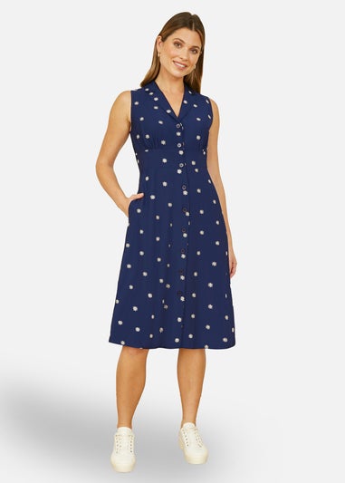 Yumi Navy Daisy Print Sleeveless Shirt Dress