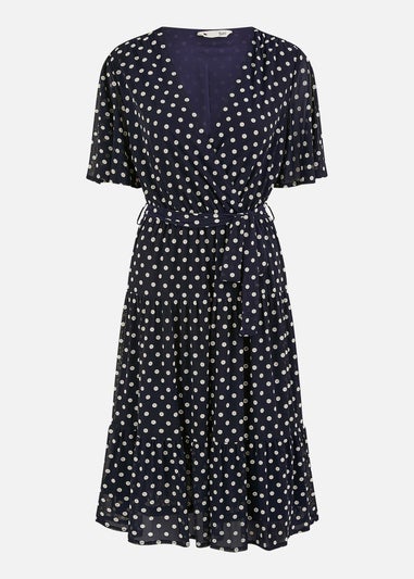 Yumi Navy Dot Print Mesh Stretch Midi Skater Dress