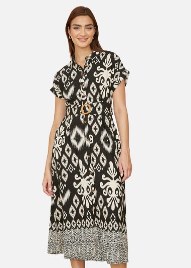 Yumi Black Abstract Geo Print Relaxed Midi Shirt Dress With Belt