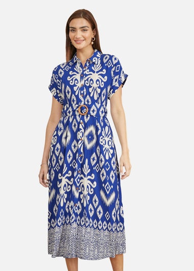 Yumi Blue Abstract Geo Print Relaxed Midi Shirt Dress With Belt