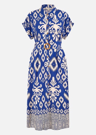 Yumi Blue Abstract Geo Print Relaxed Midi Shirt Dress With Belt