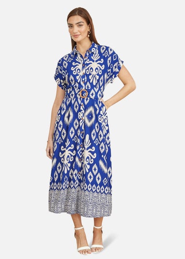 Yumi Blue Abstract Geo Print Relaxed Midi Shirt Dress With Belt