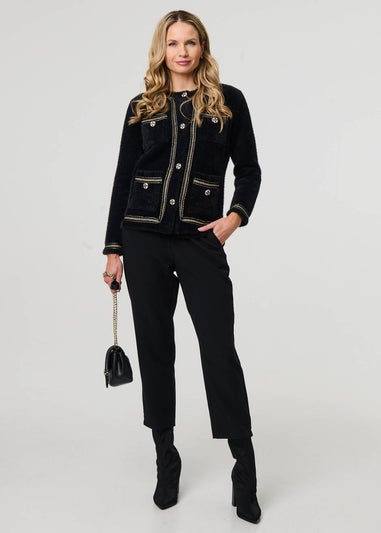 Izabel London Black Embroidered Trim Knitted Smart Jacket