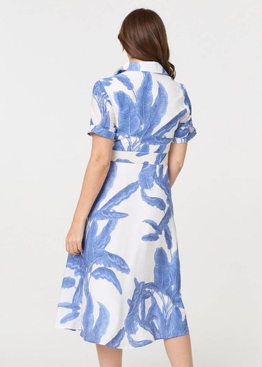 Izabel London Blue Leaf Print Belt Detail Midi Shirt Dress